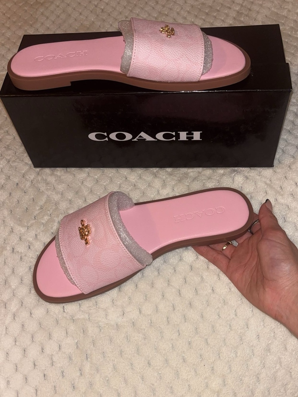 Coach Pink Slide Sandals with Gold Logo Accent - Picture 2 of 3
